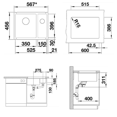 Blanco Subline 350/150-U керамика магнолия (523742)